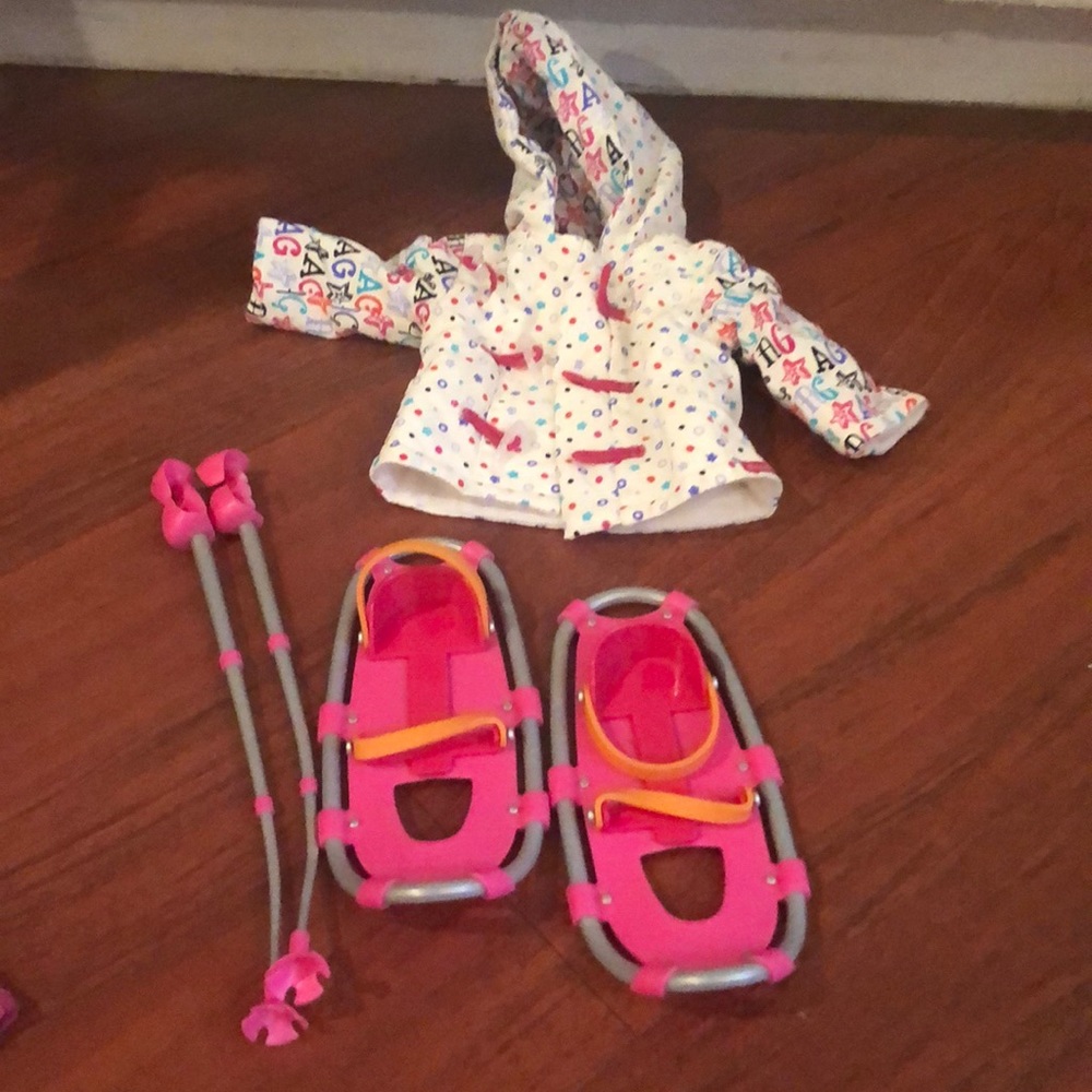 American Girl snow shoes, poles and jacket